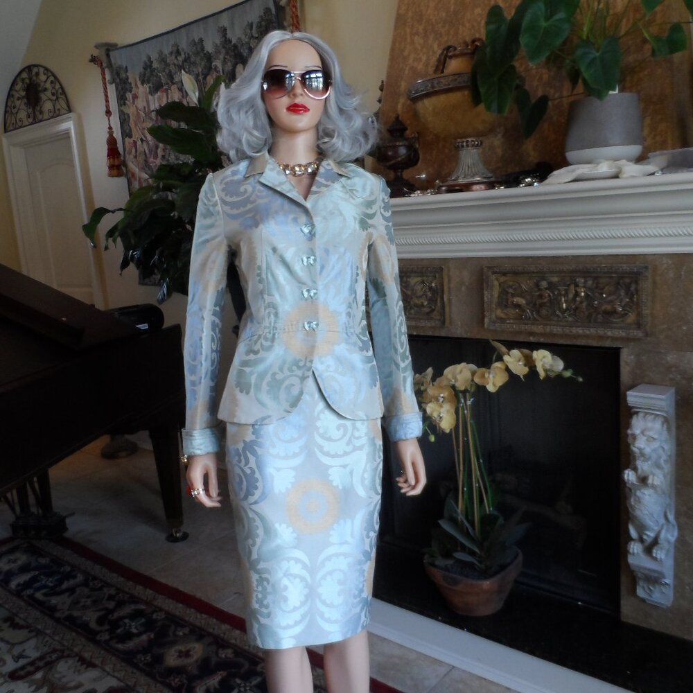 Lee Anderson Couture Aqua Multi Silk Brocade Paisley Print Skirt Suit Size S